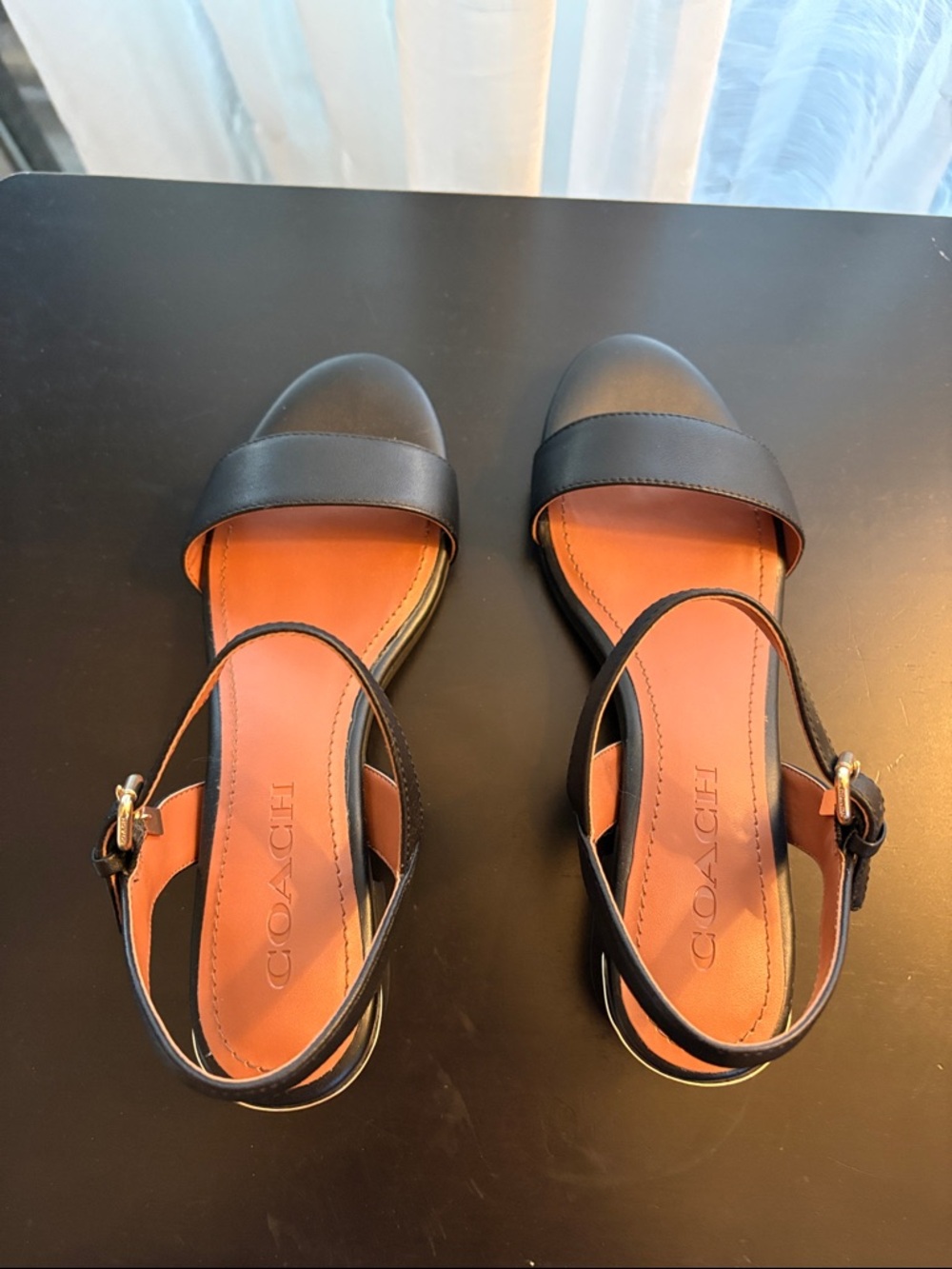 Coach Black Leather Ankle-Strap Sandals with Tan Insole